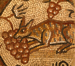 Fox eating grapes mosaic in Huqoq synagogue mosaic